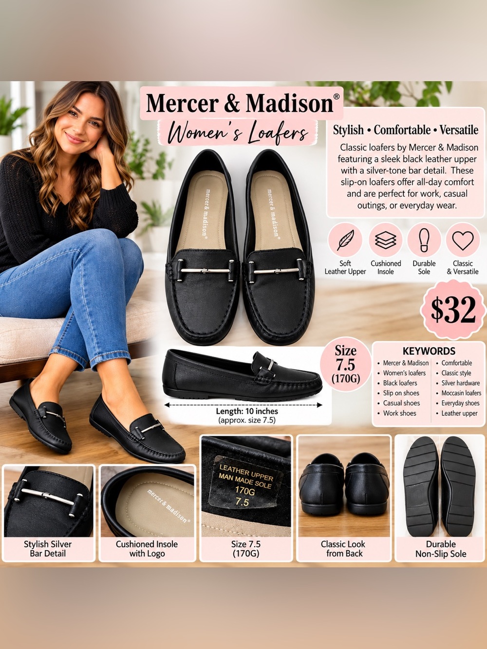 mercer & madison Black Loafer Flats with Metal Bit